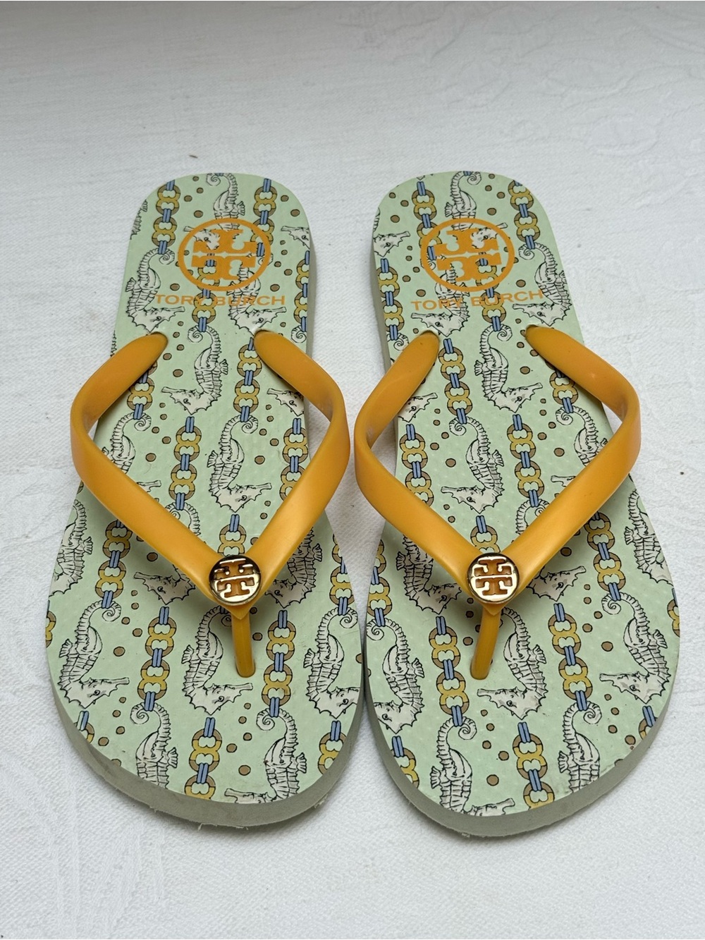 Tory Burch Yellow Strap Logo Flip Flops with Patterned Footbed